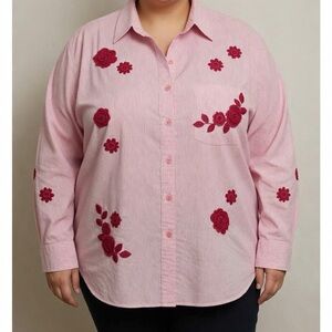 Drapers & Damons Stripped Long Sleeve Button Front Shirt Appliqué Plus Size 2X